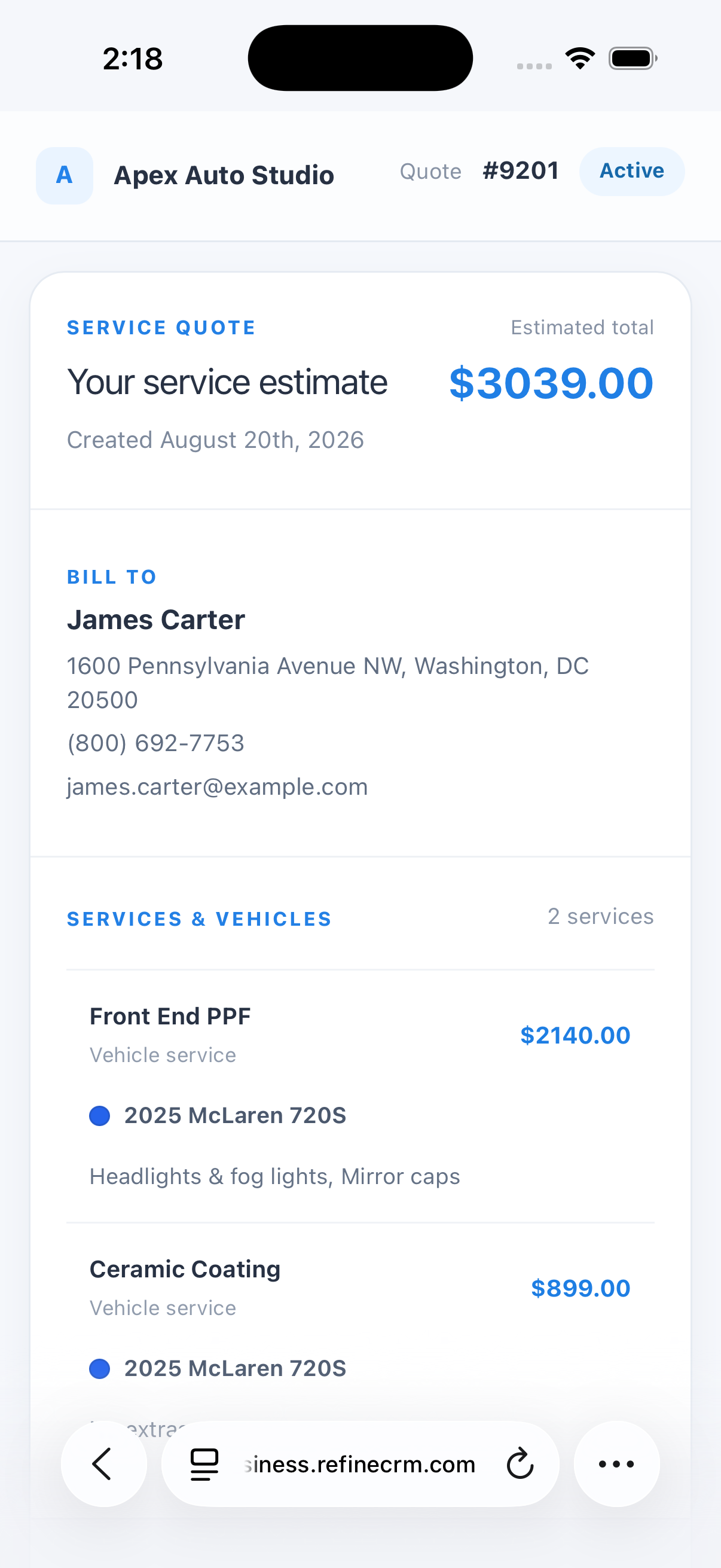 Auto detailing quote in the Refine customer portal